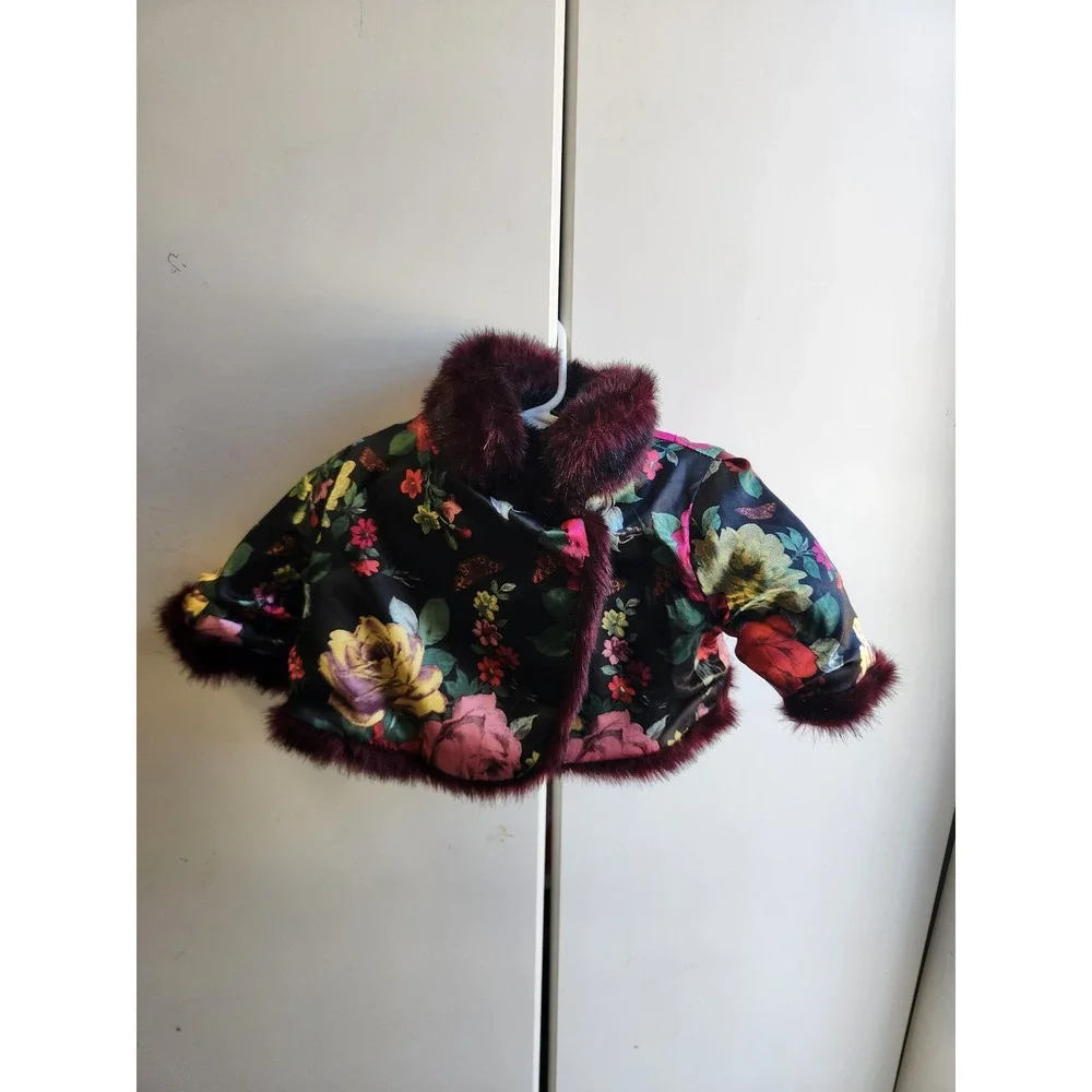Baker by Ted Baker Faux Fur Bolero Jacket Burgundy Floral Lining 18-24M‎